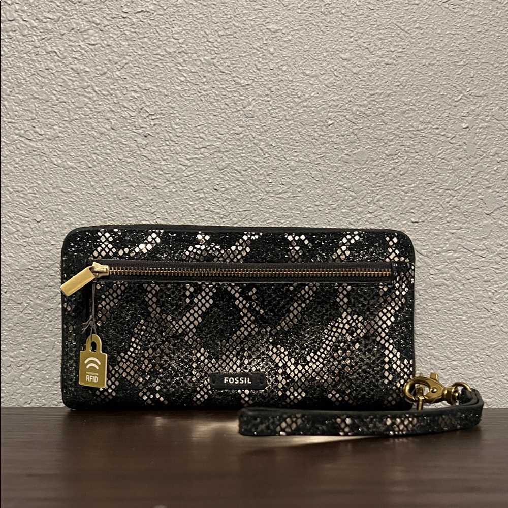 Fossil Black Snakeskin RFID Wristlet with Gold Hardware